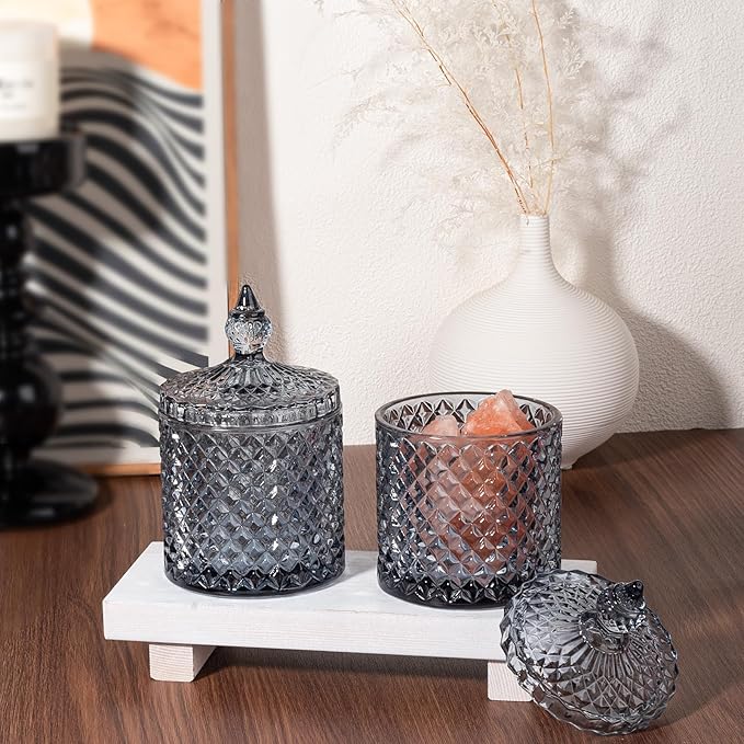 2 Pack Qtip Holder Apothecary Jars with Lid, Thick Glass, Gray
