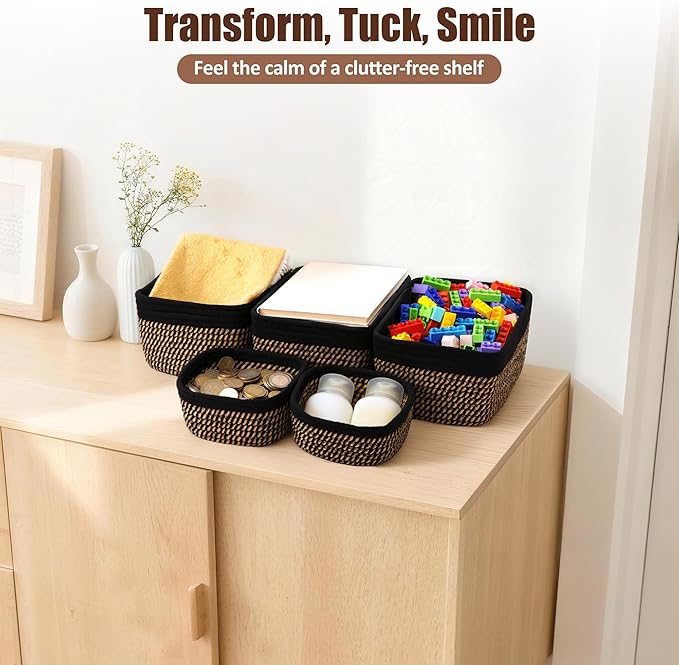 VIRETH HAUS 5-Pack Small Woven Rope Storage Baskets – 2 Sizes Organizer Bins for Closet, Shelf, Bookshelf, Nursery, Changing Table, Fabric Cube Boxes, Rectangular Shallow Bins for Bathroom, Toy & Home