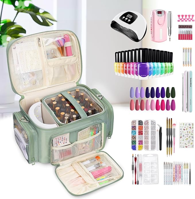 Bagmoly Nail Polish Organizer, Nail Polish Storage Holds 42+ Bottles & Nail Lamp, Portable Travel Nail Kit Storage Carrying Case Fits Nail Suppiles, Gift for Manicurist, Grils - Green