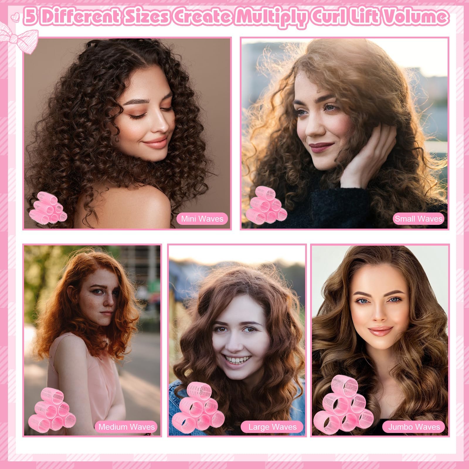 5 Sizes Self Grip Hair Rollers Set, 64 Pcs Rollers Hair Curlers with Clips Comb for Long Medium Short Hair (60 48 40 32 20mm), Pink