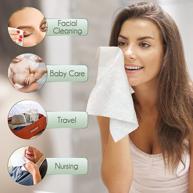 WOWOTEX Bamboo Viscose Disposable Face Towel Biodegradable Large Dry Face Wipes 120 Count Extra Thick Soft Clean Facial Towels for Sensitive Skin, Makeup Removing, Facial Cleansing