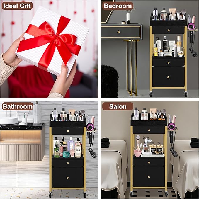 NauwaBarn Makeup Organizer Cart with 3 Drawers, Rolling Vanity Organizer with Detachable Hair Tool Holder & Wheels, Floor Makeup Storage Cart for Skincare, Perfume, Nail Polish, Gold & Black