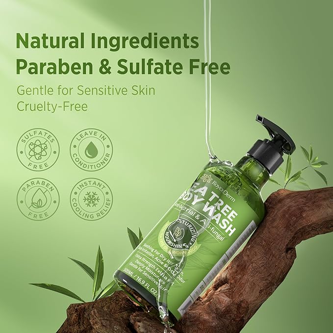 Roycederm Tea Tree Body Wash & Soap, Purifying and Refreshing Body Cleanser with Tea Tree Oil & Wormwood, Moisturizing Body Wash Helps Soothe Skin, Suitable for Men and Women - 2 Pack