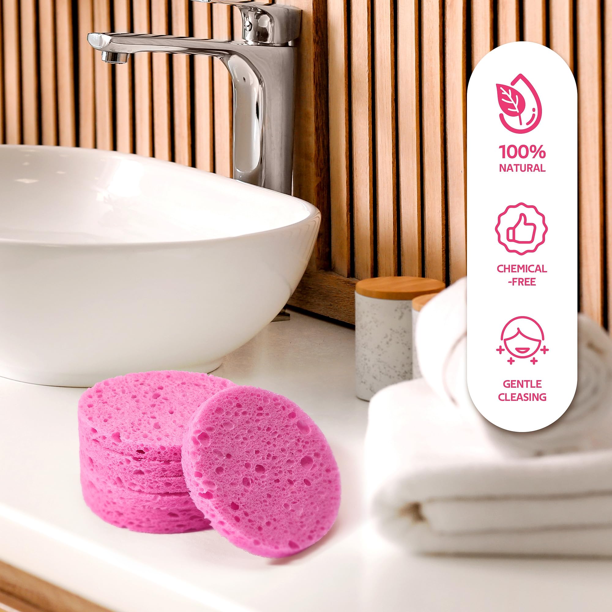 GAINWELL 50-Count Compressed Facial Sponge for Daily Facial Cleansing and Exfoliating, 100％ Natural Cosmetic Spa Sponges for Makeup Remover, Reusable, Pink