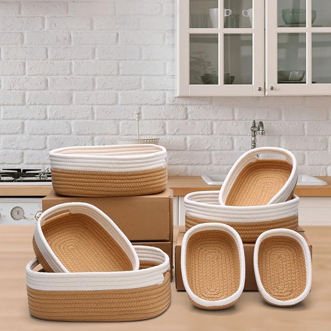 HLWDFLZ 7 Piece Cotton Rope Woven Basket Set - Small Basket for Baby Nursery, Pets, Montessori, Dog & Cat Toy Boxes, Bathroom Organization Bins (White/Jute)