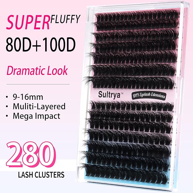 DIY Lash Extensions, Dramatic 80D 100D Fluffy Lash Clusters, 280PCs Faux Mink Multi Layer Lash Extensions, Soft Lightweight Full Volume False Eyelashes for Home Use (9-16mm, 80D+100D Fluffy)