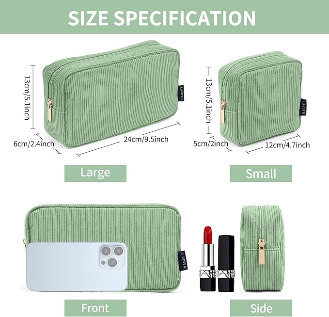 MAGEFY Makeup Bag for Purse, 2 Pcs Corduroy Cosmetic Bag for Girls Women Small Travel Makeup Pouch with Zipper(Green)