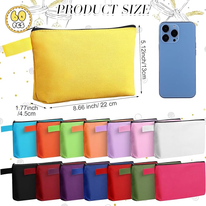 Reginary 60 Pcs Multicolor Canvas Makeup Bag Bulk Portable Travel Cosmetic Pouch Versatile Blank Toiletry Bag with Zipper for Women DIY Craft Purse Pencil Case (8.6 x 5 x 2 Inch)