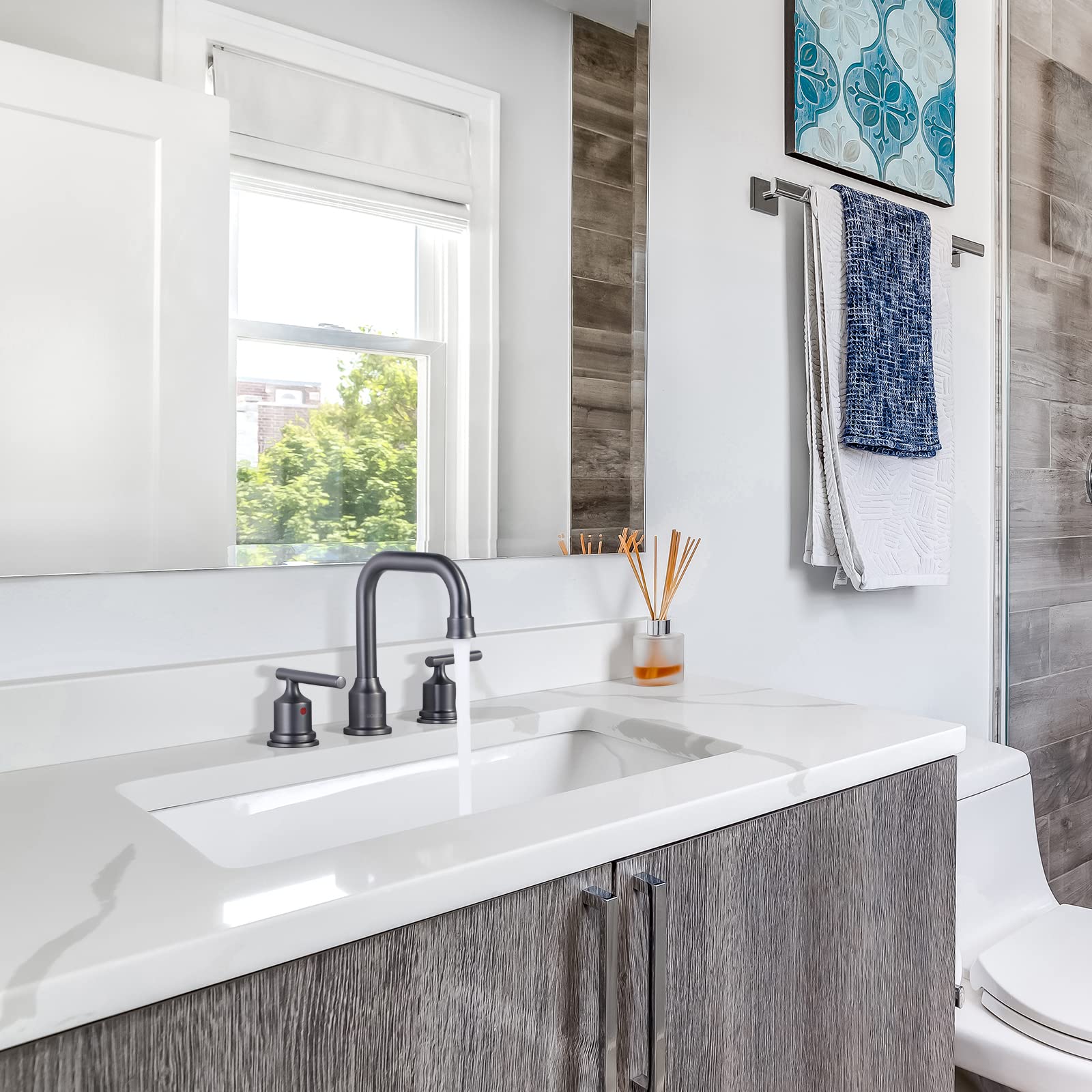 WOWOW Dark Grey Bathroom Faucet 3 Hole, Widespread Vanity Sink Faucets