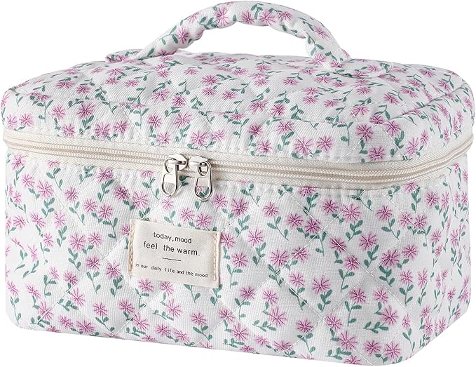 uekeboag Large Travel Quilted Makeup Bag for Women, Floral Cotton Cosmetic Bag, Coquette Aesthetic Floral Toiletry Organizer Bag(Little Purple Flower