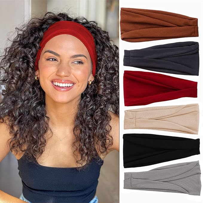 XTREND 6 Pcs Headbands for Women, Twisted Cross Elastic Head Bands Yoga Workout Non-Slip Sweat Soft Solid Color Simple Versatile Hair Accessory Hairbands