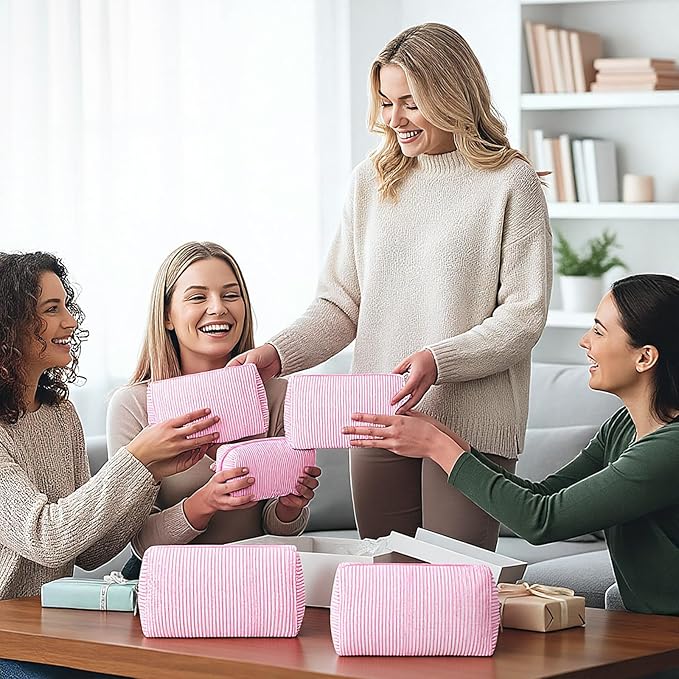 Sanwuta 6 Pcs Seersucker Cosmetic Bags Bulk Seersucker Makeup Bags Stripe Women Pouch Large Preppy Storage Pouch Toiletry Travel for Wedding Bridesmaid Bride Favor Back to Teacher Gift (Pink)