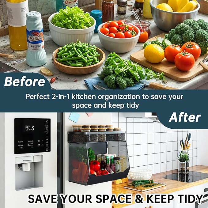Magnetic Shelf for Fridge 2-Tier Baskets - Fruit Potato Onion and Vegetable Storage Bins, Magnetic Spice Rack For Refrigerator, Heavy Duty Fridge Organizer For Refrigerator, Kitchen Counter, Cabinet