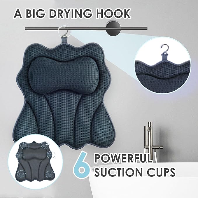 Joeyset Bath Pillows for Tub – Luxury Bath Pillow & Bathtub Pillow with 6 Strong Suction Cups, Soft Cushion for Head and Neck Support, Relaxing Bath Accessories for Women (Gray)