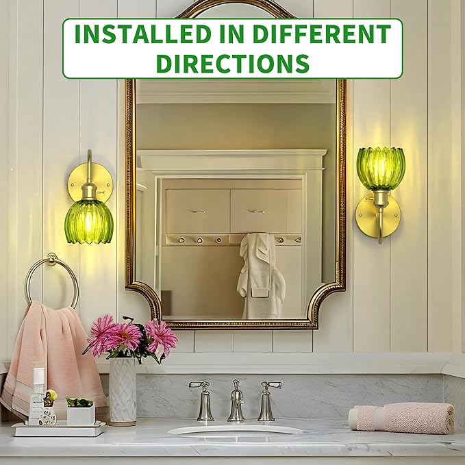 Wall Sconces Lights Lamp for Bedroom Bathroom, Modern Vanity Light Fixtures, Wall Mount Lighting Vintage Tulip Green Glass Shade for Living Room Mirror Hallway Kitchen