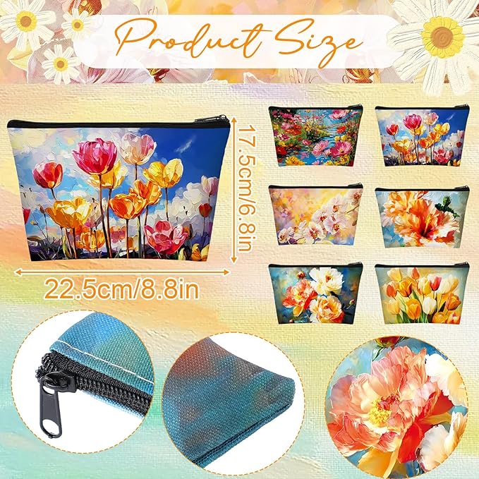 Sweetude 12 Pcs Oil Painting Flowers Makeup Bag Bulk Portable Flower Travel Cosmetic Bags with Zipper Retro Floral Waterproof Roomy Travel Toiletry Organizer Storage Beauty Pouch for Women Gifts