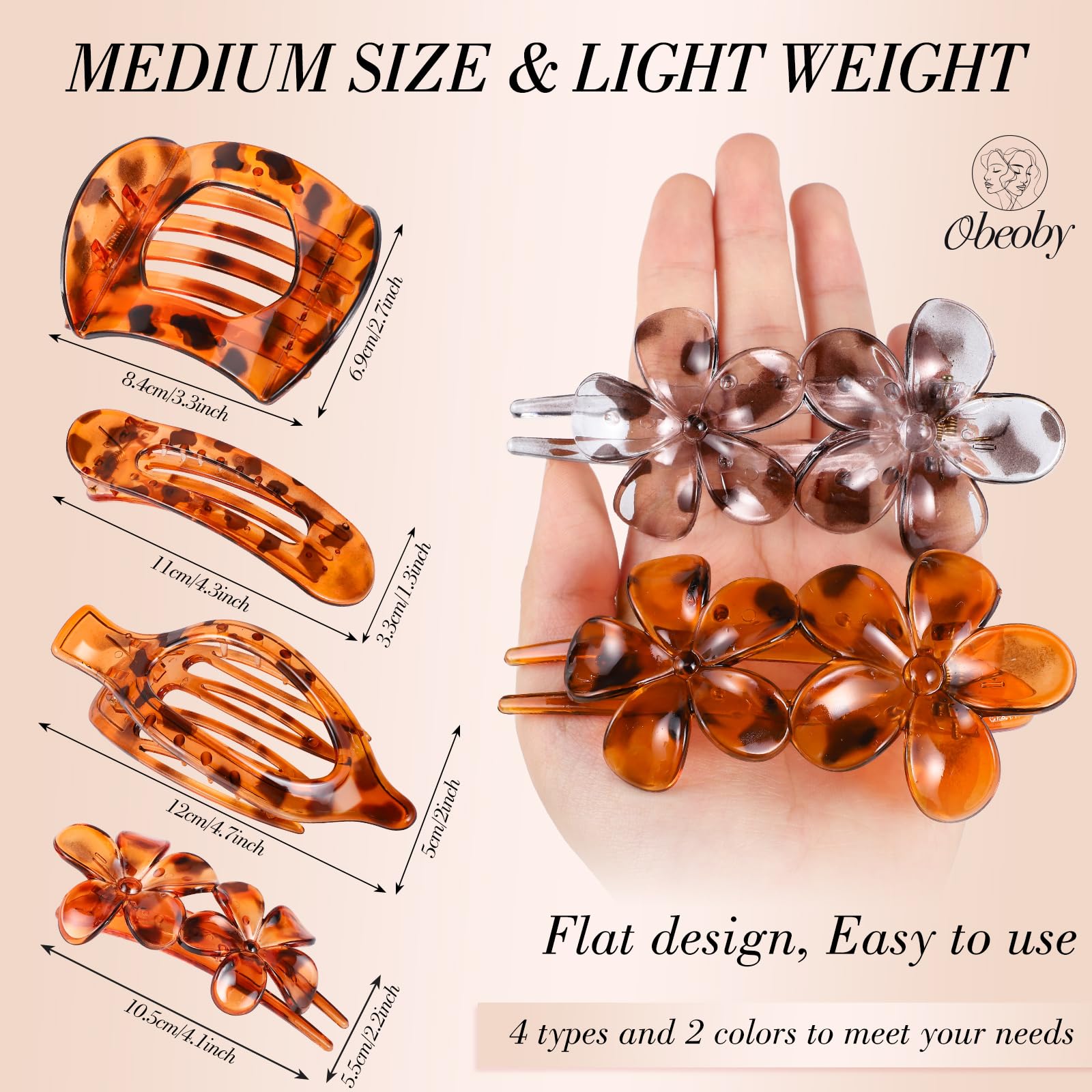 Obeoby 8 Pcs Flat Hair Clips for Women, 4 Types French Flat Claw Clips Hair Accessories Barrettes Large Medium (Tortoiseshell)