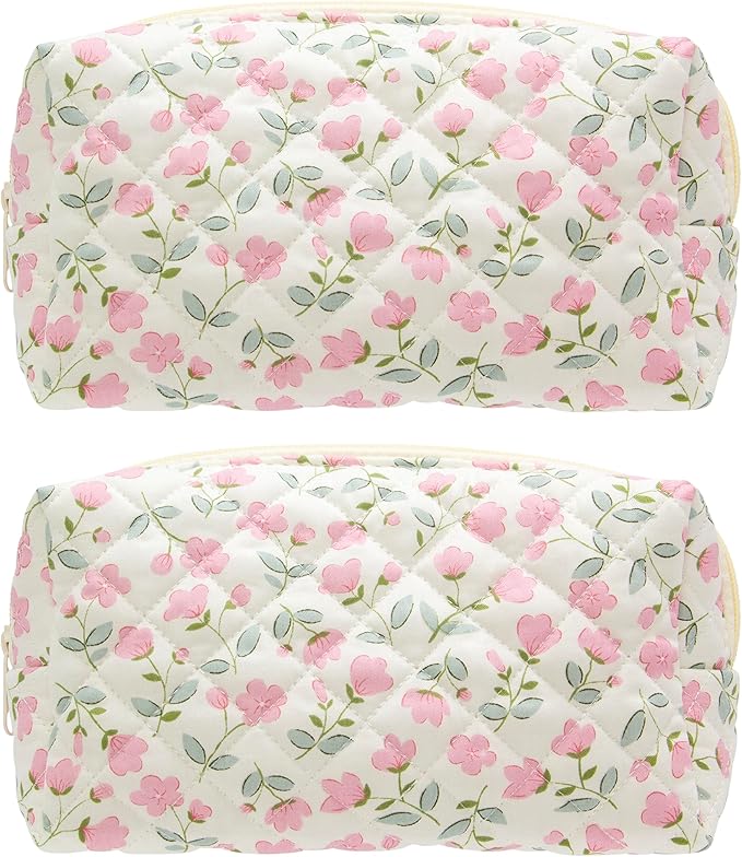 PAZIMIIK Small Quilted Makeup Bag,Zipper Cosmetic Pouch,Floral Pink,2 Pack