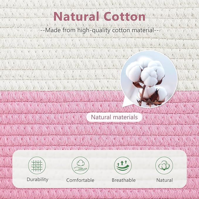 Cotton Rope Shelf Storage Basket, 15x10x9 in, Shelf Storage Baskets for Clothes, Towels, Books, Laundry (White/Pink, 1 Pack)