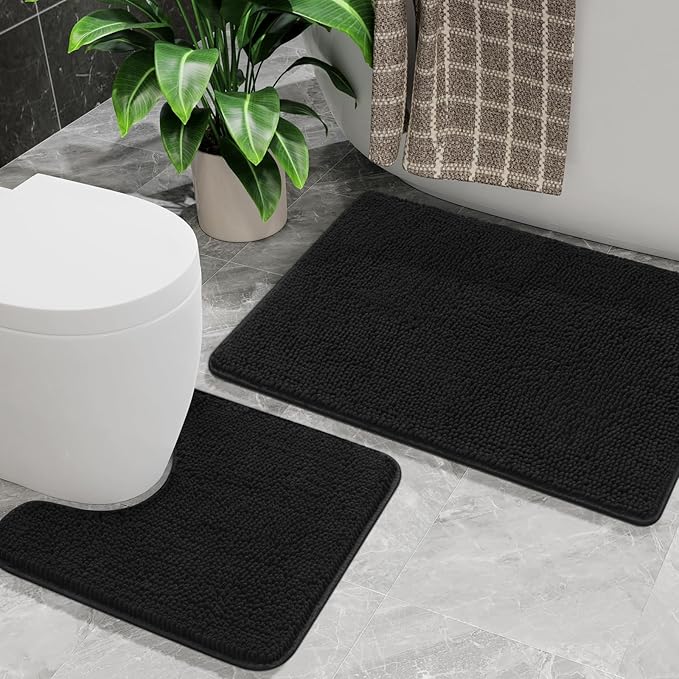 AROGAN Bathroom Rug Sets 2 Piece, 20"x20" U-Shaped Toilet Mat and 21"×34" Floor Bath Mats, Machine Washable Bath Rug Set, Absorbent and Dry Quickly, Soft Non Slip Bathroom Rug Set, Black