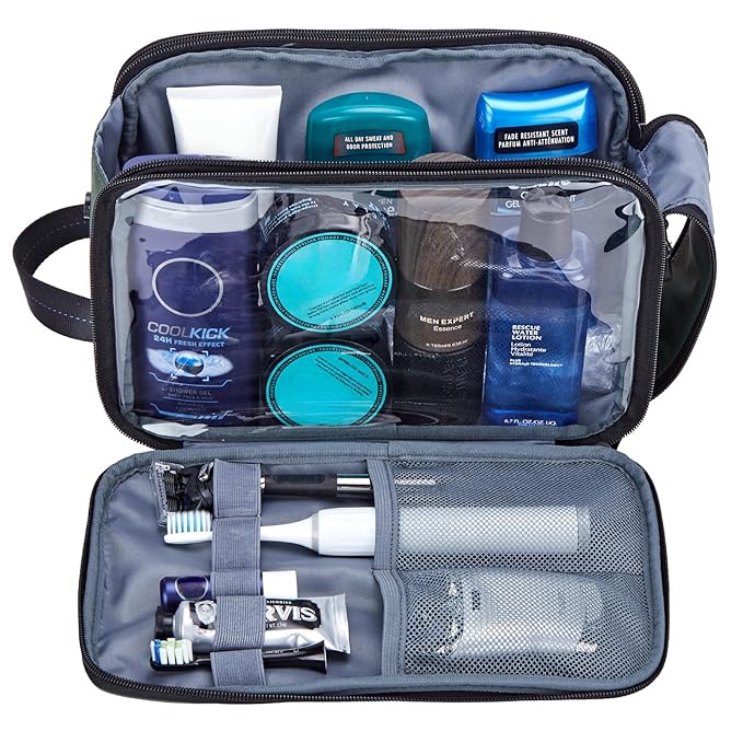 ZEEMO Trevel Toiletry Bag for Men, Full Open Dopp Kit with Dual Compartment