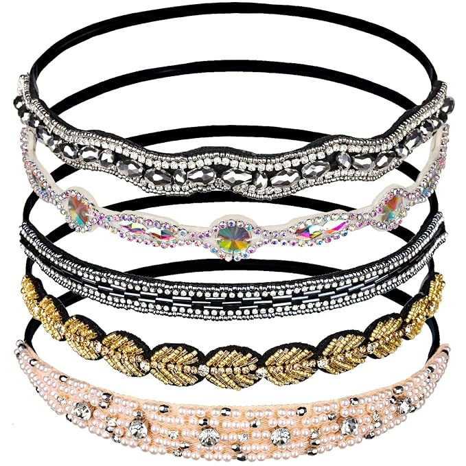 Teenitor 5 Pcs Elastic Rhinestone Beaded Headbands, Jeweled Head Bands for Women's Hair, Hair Headbands Hat Bands for Women