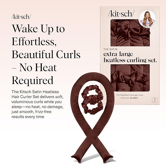 Kitsch Satin Heatless Curlers Set – Heatless Curls Overnight w/ 34" Hair Waver & 2 Satin Hair Scrunchies, Comfortable Hair Curlers to Sleep In for Frizz-Free, No Heat Damage Styling - Chocolate