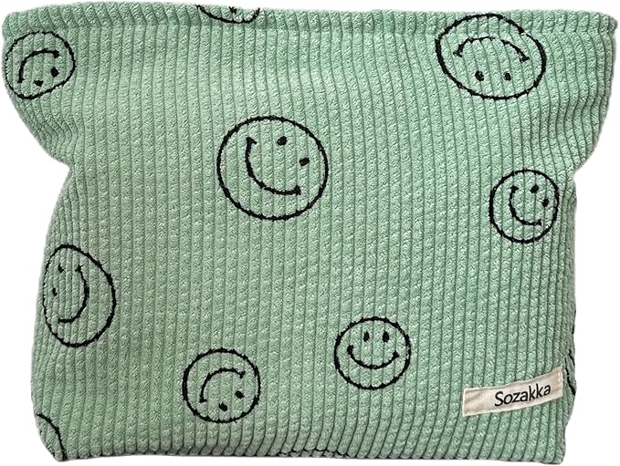 Gardsell Cosmetic Bags for Women - Corduroy Cosmetic Bag Aesthetic Women Handbags Purses Smile Dots Makeup Organizer Storage Makeup Bag Girls Case Bags (A-Green)