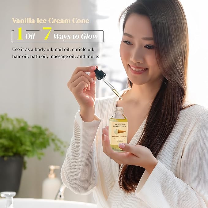 Soothing House Vanilla Ice Cream Cone Body Oil - Premium Non-Greasy Oil & Body Moisturizer for Dry Skin & Glowing Skin with Sweet Almond, Jojoba, and Vitamin E Oil, 4 Fl OZ