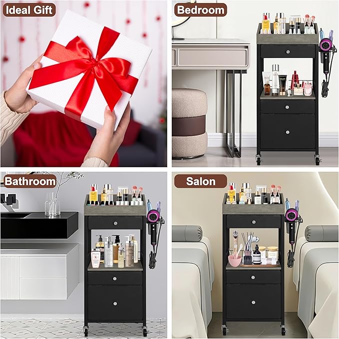 NauwaBarn Makeup Organizer Cart with 3 Drawers, Rolling Cosmetic Storage Cart with Adjustable Dividers, Detachable Hair Tool Holder & Lockable Wheels, Vanity Organizer for Small Spaces, Black & Grey