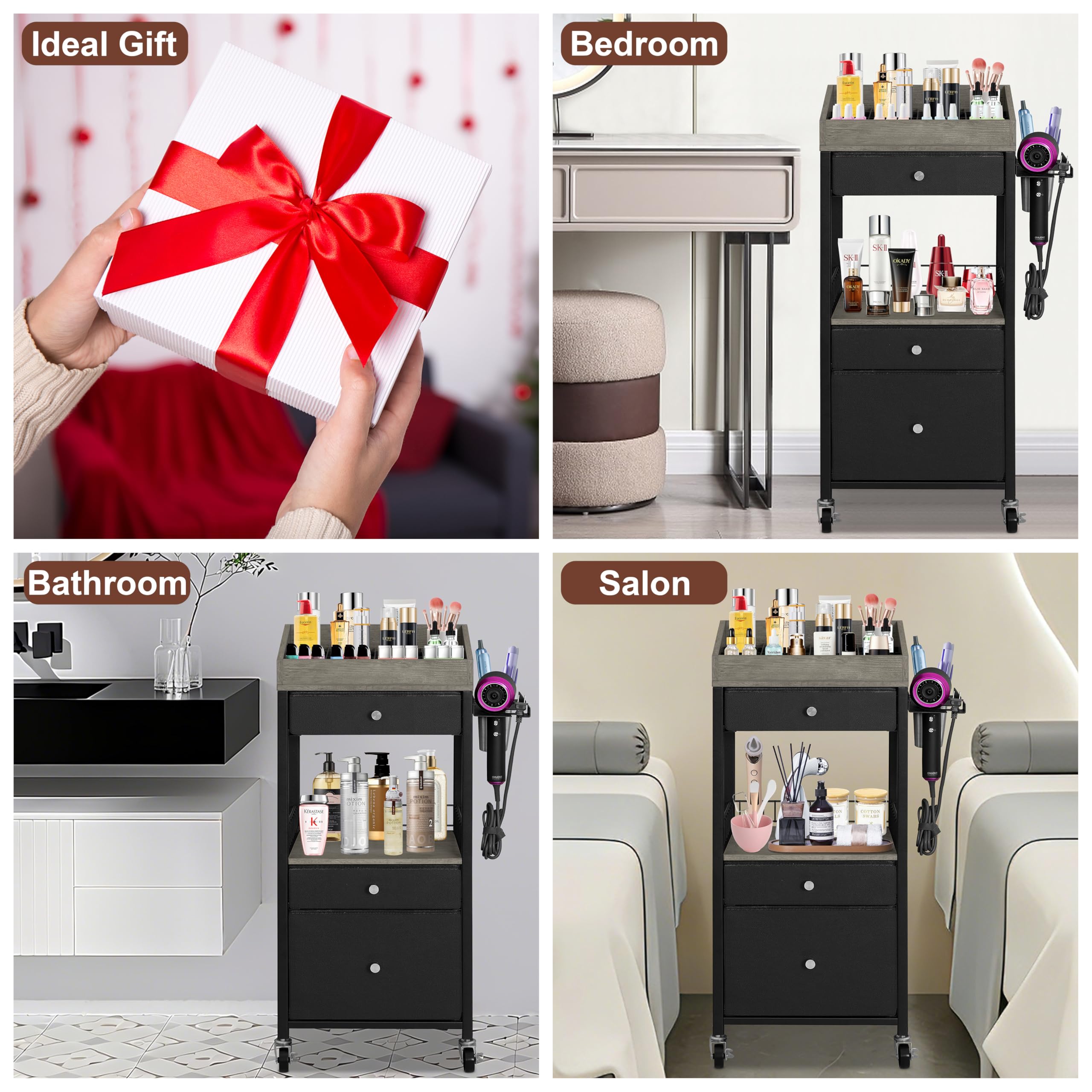 NauwaBarn Makeup Organizer Cart with 3 Drawers, Rolling Cosmetic Storage Cart with Adjustable Dividers, Detachable Hair Tool Holder & Lockable Wheels, Vanity Organizer for Small Spaces, Black & Grey