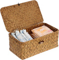 Sumnacon Wicker Basket with Lid Rectangle Woven Baskets for Toiletries Tampon Storage,Wicker Storage Basket with Lid,Decorative Seagrass Storage Baskets for Shelf Bathroom Toilet Table, Caramel