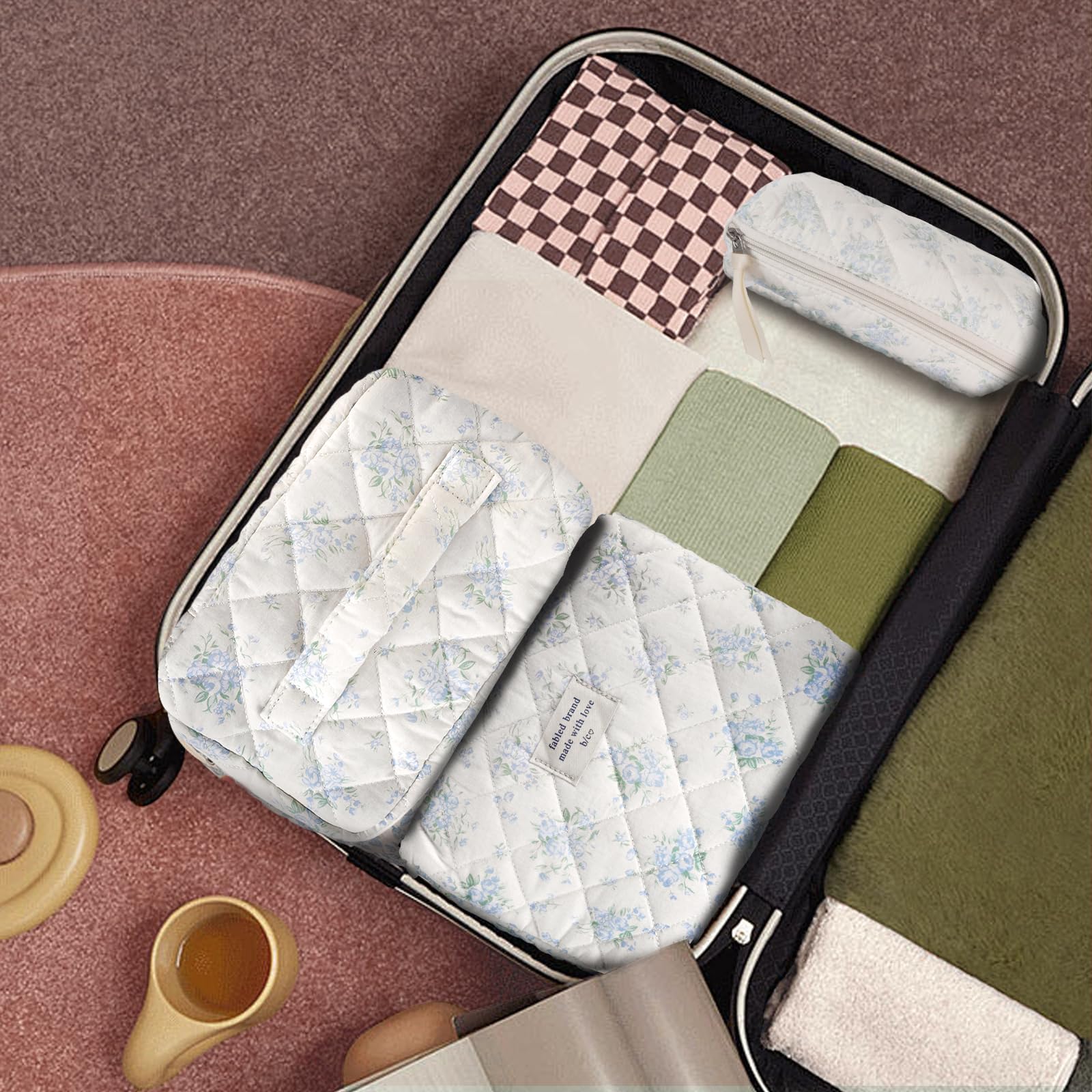 GISMTR 3Pcs Cotton Quilted Makeup Bag Large Travel Cosmetic Bag Coquette Makeup Pouch Cute Aesthetic Floral Toiletry Bag for Women Girls (flower-T)