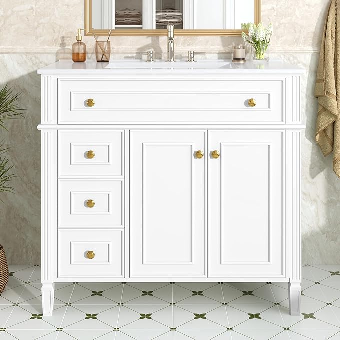 Harper & Bright Designs 36" Bathroom Vanity with Sink, Free Standing Single Basin Vanity Set with Tip-Out Drawer, 2 Drawers, and 2 Doors, Wood Bathroom Cabinet with Ceramic Basin for Bathroom, White