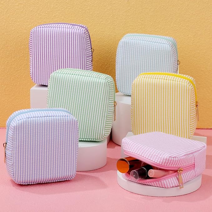Sanwuta Seersucker Cosmetic Bag Bulk Striped Makeup Bag for Women Aesthetic Cute Travel Toiletry Organizer Preppy Storage Pouch for Wedding Bridesmaid Mother's Day Teacher Gift(Small,Macaron Color,6)