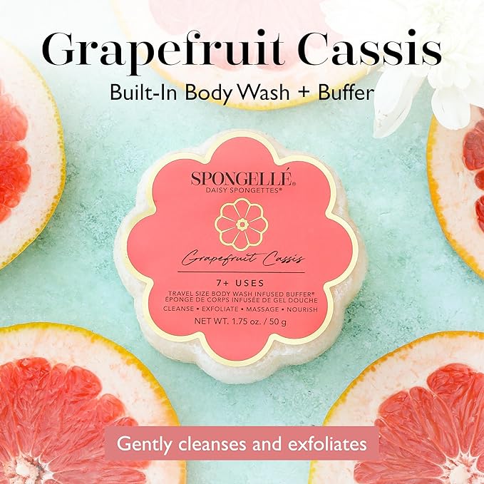 Spongellé Grapefruit Cassis Daisy Spongette Bath Sponge | Built-in Body Wash & Body Scrubber, Shower Loofah Sponge for Women, Travel Essentials | 7+ uses