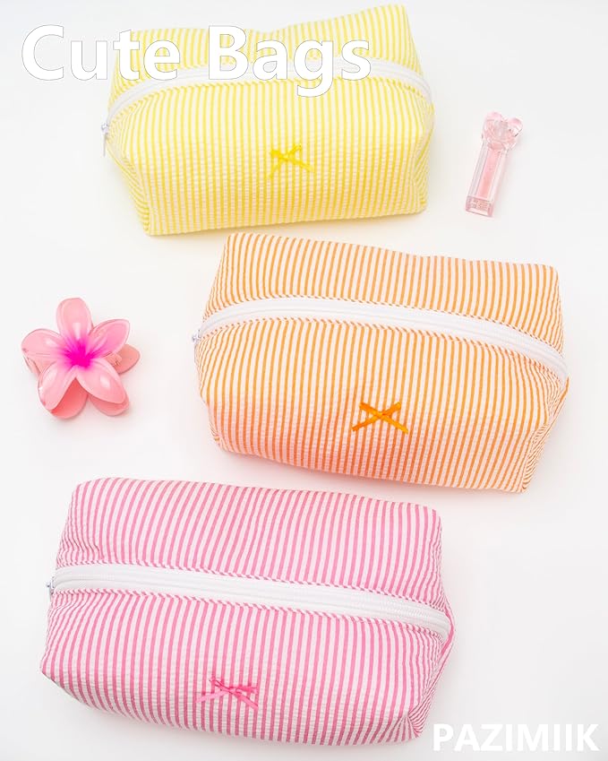 Cozy Makeup Bag for Women,Zipper Cosmetic Pouch,Stripe Yellow,6 Pack