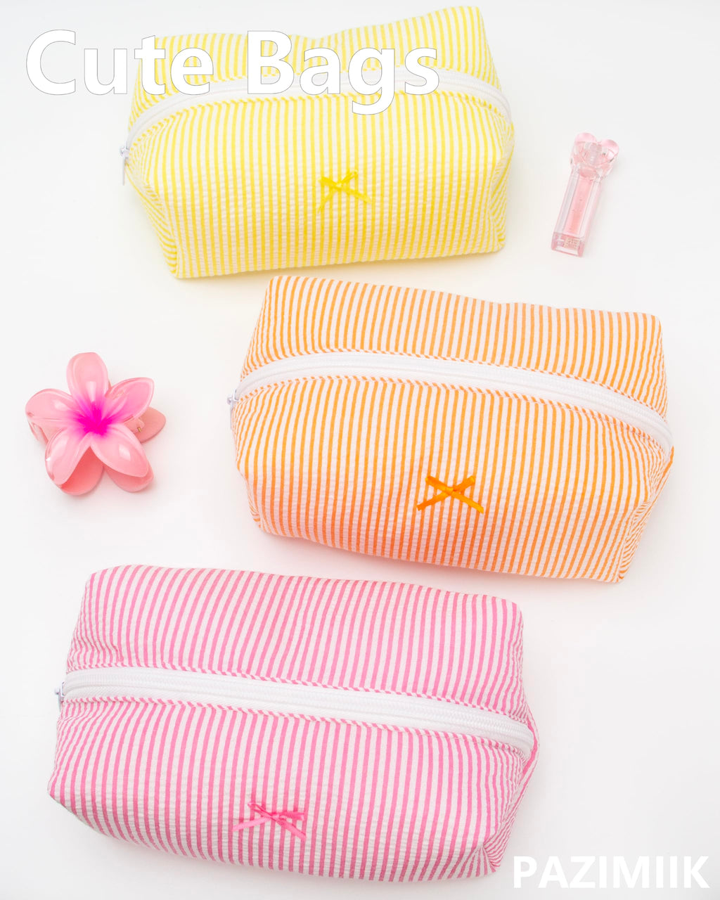 Cozy Makeup Bag for Women,Zipper Cosmetic Pouch,Stripe Candy Pink,6 Pack