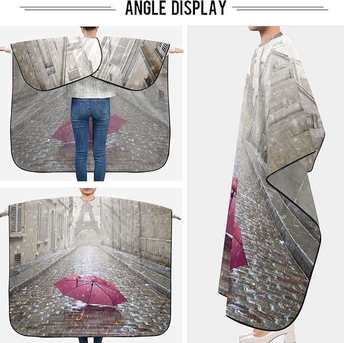 Visesunny Romantic Eiffel Tower Pink Umbrella Barber Anti-Static Hair Cutting Cape Professional Salon Polyester Cape Water-Resistant Hairdressing Adjustable Snap