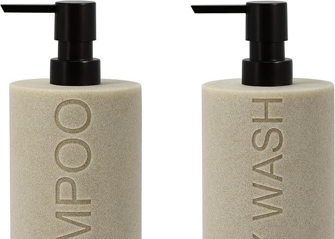 Indecor Home Resin 2 Pack Shampoo, Conditioner or Body Wash Dispenser Set, Luxurious Refillable Pump Bottles with Matte Pump Top and Embossed Text, Durable Design for Bathroom and Shower