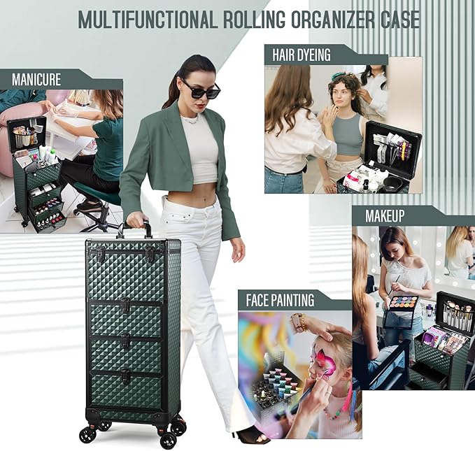 Yueieoun Nail Trolley Cart with 3 Drawers, Salon Station Cosmetology Case on Wheels Rolling Makeup Train Case Nail Case Organizer Beauty Salon Travel Case for Nailart,SPA,Hairstylist,Artist,Dark Green