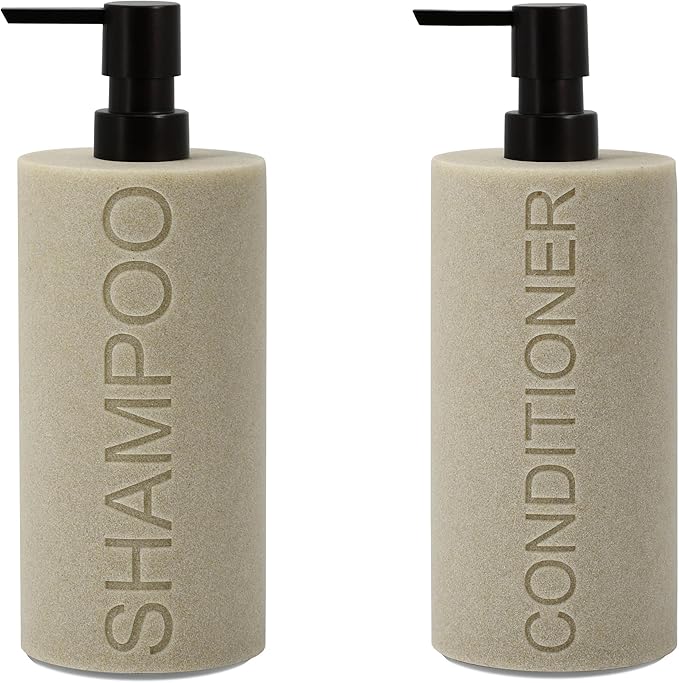 Indecor Home Resin 2 Pack Shampoo, Conditioner or Body Wash Dispenser Set, Luxurious Refillable Pump Bottles with Matte Pump Top and Embossed Text, Durable Design for Bathroom and Shower
