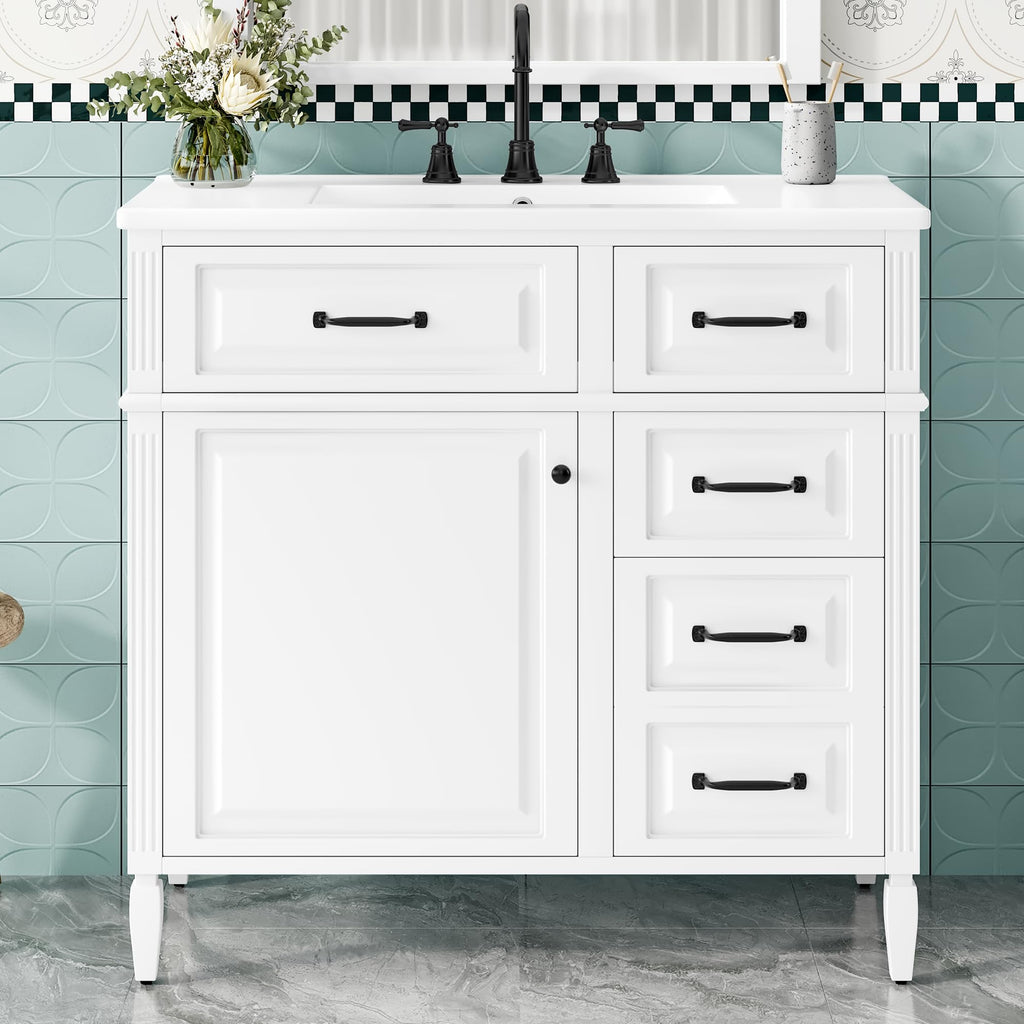 Harper & Bright Designs 36" Bathroom Vanity with Sink, Free Standing Vanity Set with 4 Drawers, Storage Racks, and Adjustable Shelf, Wood Bathroom Cabinet with Ceramic Basin for Bathroom, White