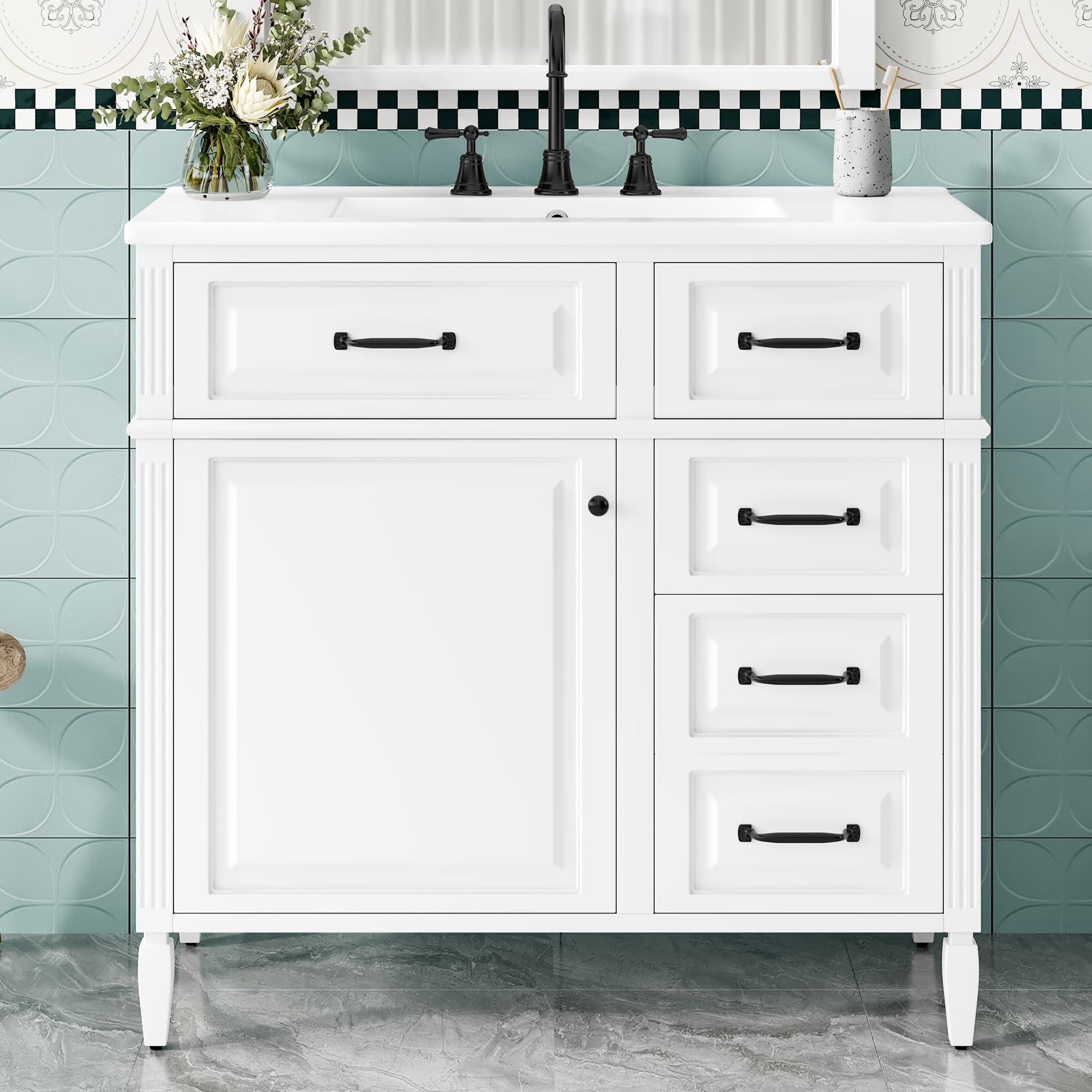 Harper & Bright Designs 36" Bathroom Vanity with Sink, Free Standing Vanity Set with 4 Drawers, Storage Racks, and Adjustable Shelf, Wood Bathroom Cabinet with Ceramic Basin for Bathroom, White