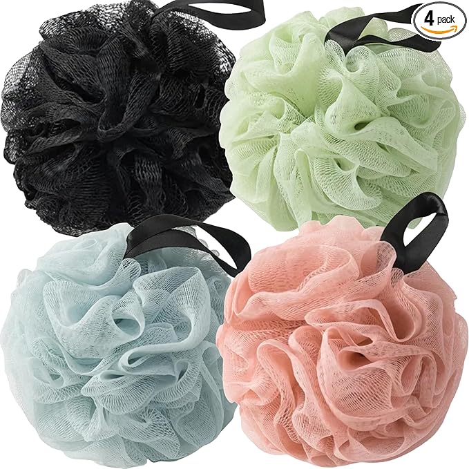 Loofah Sponges for Shower,Exfoliating Cleaning Bath Loofa Body Scrubber Balls for Women Men Washing,Popular Mix 4 Pack - Black, Sky Blue, Pink & Light Green