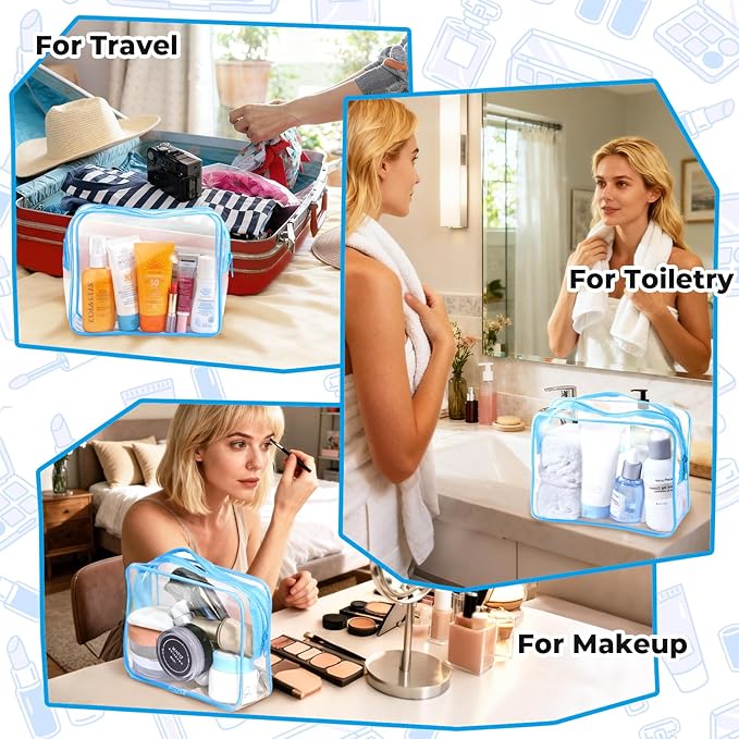 CHICAUP 6 Pieces Clear Makeup Bags Bulk TSA Approved Toiletry Bag for Travel PVC Waterproof Clear Cosmetic Pouch with Zipper for Men and Women Carry-on Travel Essentials (Blue)