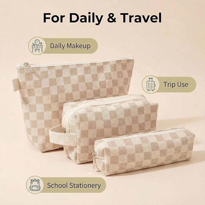 Beayuva 3 Pcs Canvas Makeup Bag Set Checkered Cosmetic Pouch for Women Travel Toiletry Bag Cute Makeup Organizer Purse Pouch Preppy Pencil Case with Zipper (Checkered Khaki)