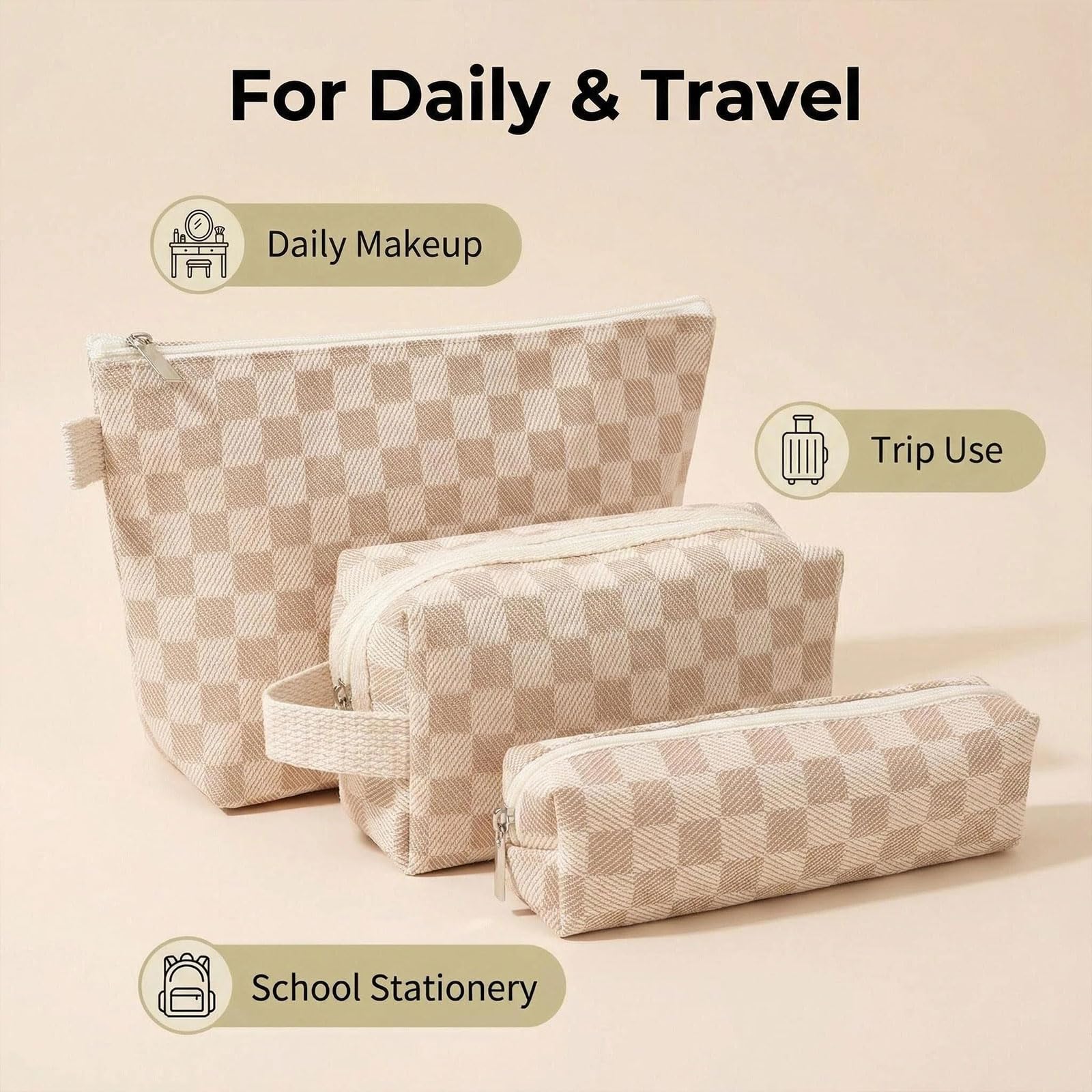 Beayuva 3 Pcs Canvas Makeup Bag Set Checkered Cosmetic Pouch for Women Travel Toiletry Bag Cute Makeup Organizer Purse Pouch Preppy Pencil Case with Zipper (Checkered Khaki)