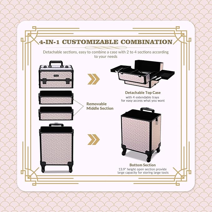 BYOOTIQUE 3-Piece Rolling Makeup Train Case on Wheels Travel Makeup Artist