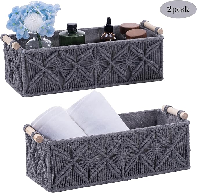 Nonam Macrame Storage Baskets, Boho Decor Style Woven Storage Boxes for Home Organization, Toilet Tank Shelf Cabinet Organizer Baskets,Set of 2,Grey